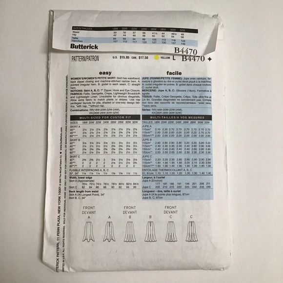 Butterick Sew Pattern 6 Fast & Easy Skirts B4470 SZ RR (18W/20W/22W/24W) FF 2005 - Picture 3 of 4